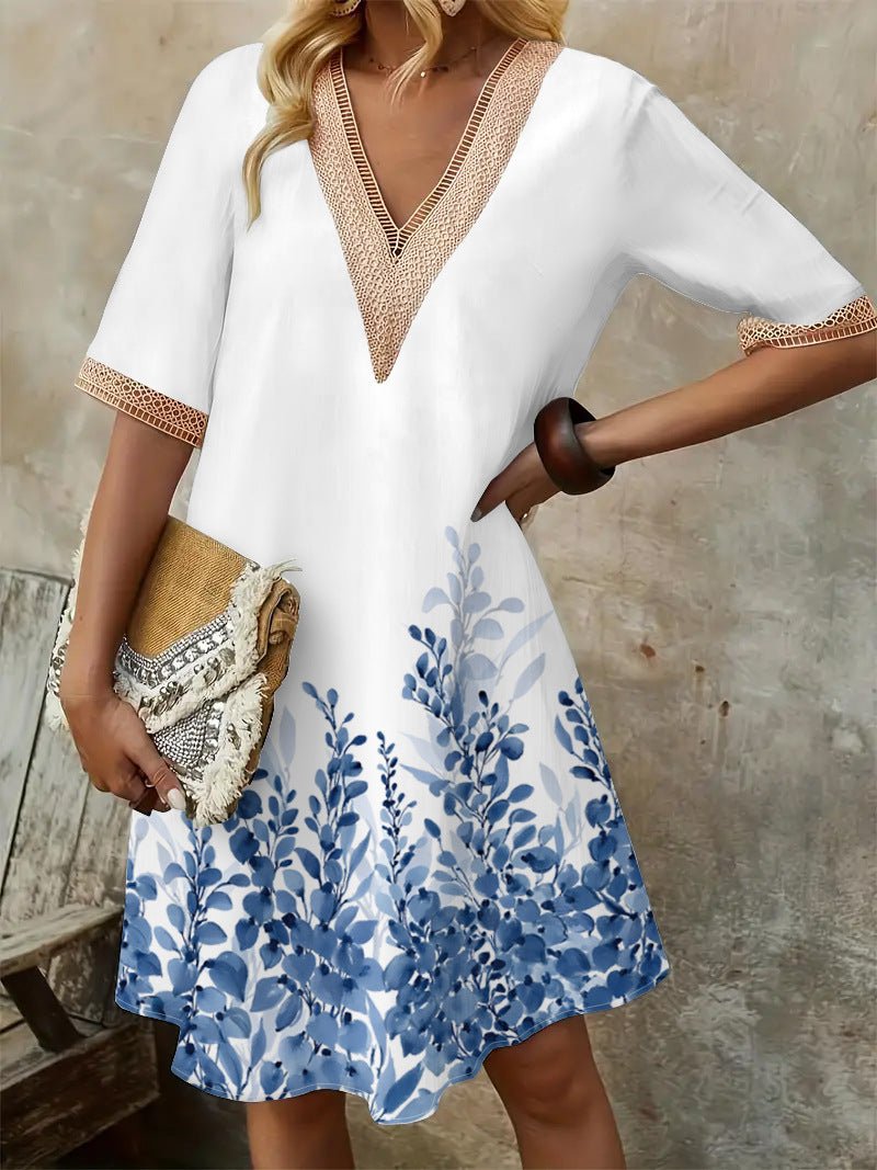 2025 Europe and the United States cross-border new spring and summer printed dress lace V-neck loose large swing short sleeve long dress - Cozy & Co. Market