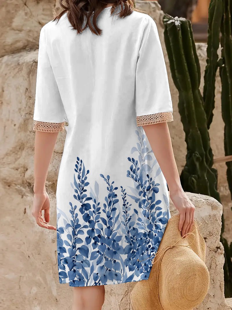 2025 Europe and the United States cross-border new spring and summer printed dress lace V-neck loose large swing short sleeve long dress - Cozy & Co. Market