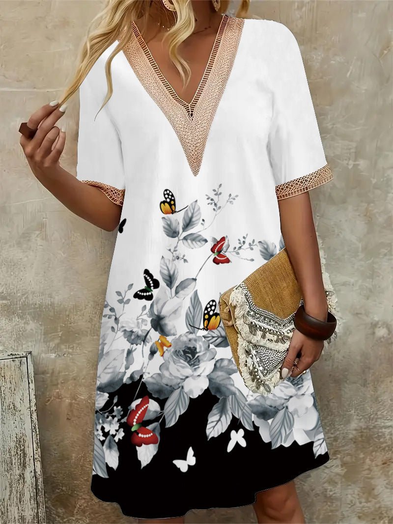 2025 Europe and the United States cross-border new spring and summer printed dress lace V-neck loose large swing short sleeve long dress - Cozy & Co. Market