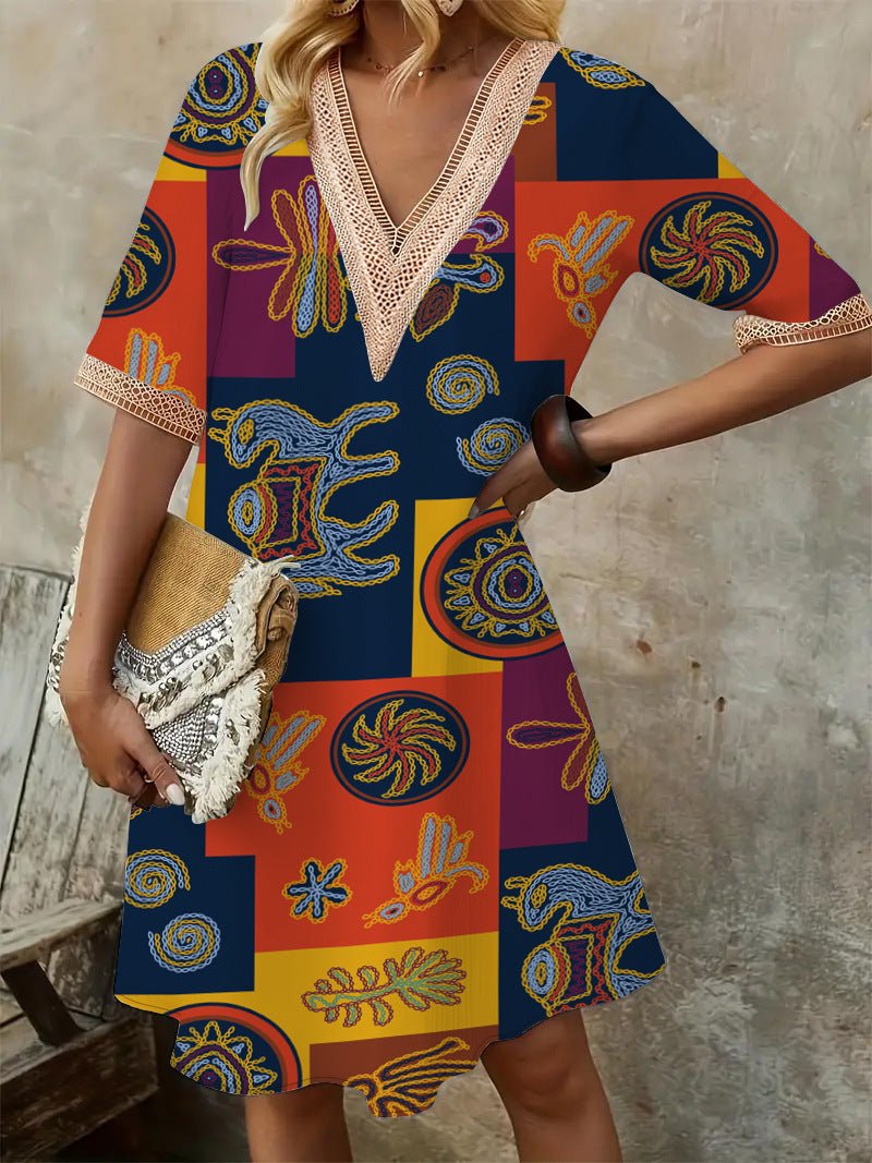 2025 Europe and the United States cross-border new spring and summer printed dress lace V-neck loose large swing short sleeve long dress - Cozy & Co. Market