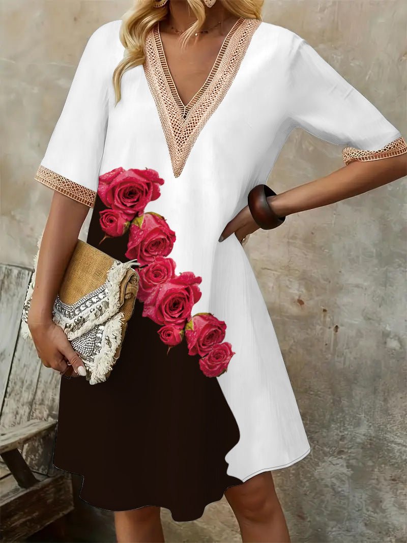 2025 Europe and the United States cross-border new spring and summer printed dress lace V-neck loose large swing short sleeve long dress - Cozy & Co. Market
