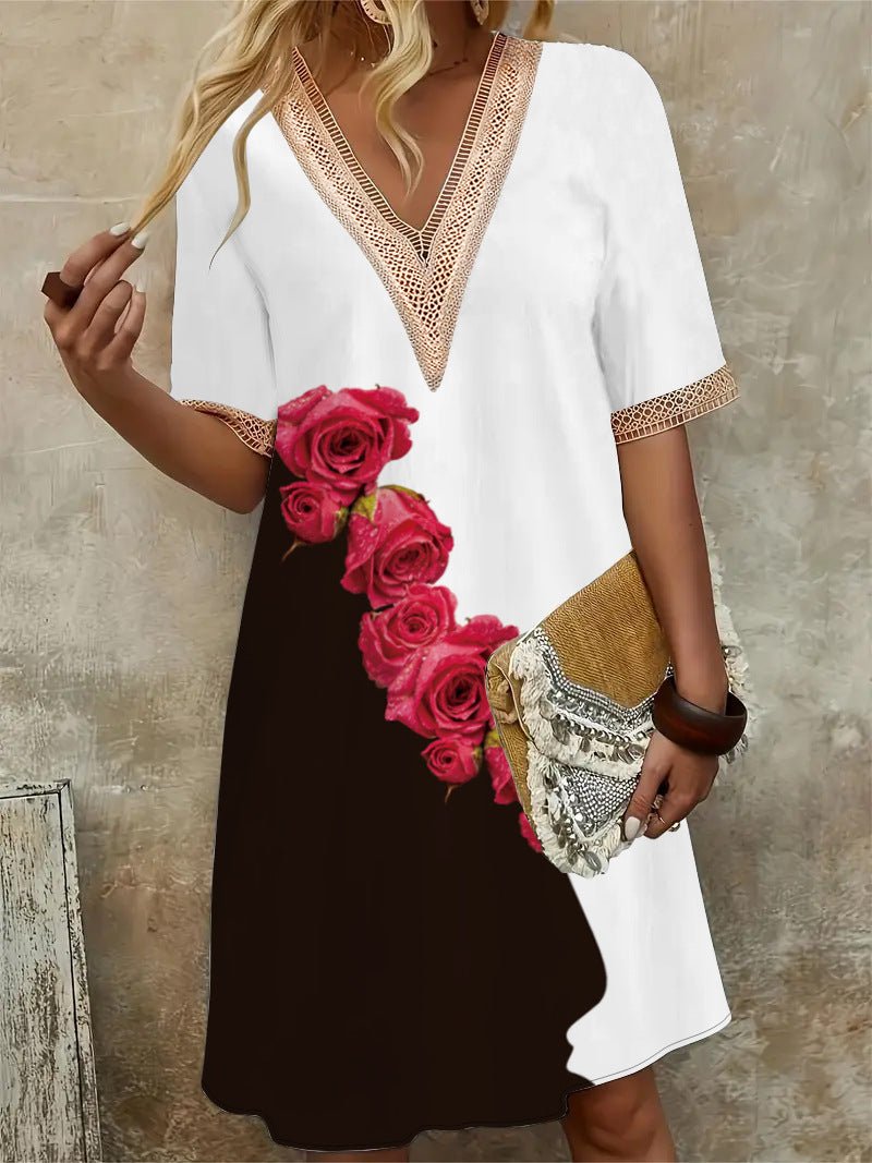 2025 Europe and the United States cross-border new spring and summer printed dress lace V-neck loose large swing short sleeve long dress - Cozy & Co. Market