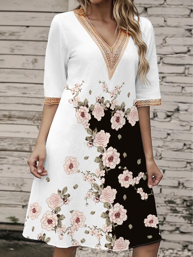 2025 Europe and the United States cross-border new spring and summer printed dress lace V-neck loose large swing short sleeve long dress - Cozy & Co. Market