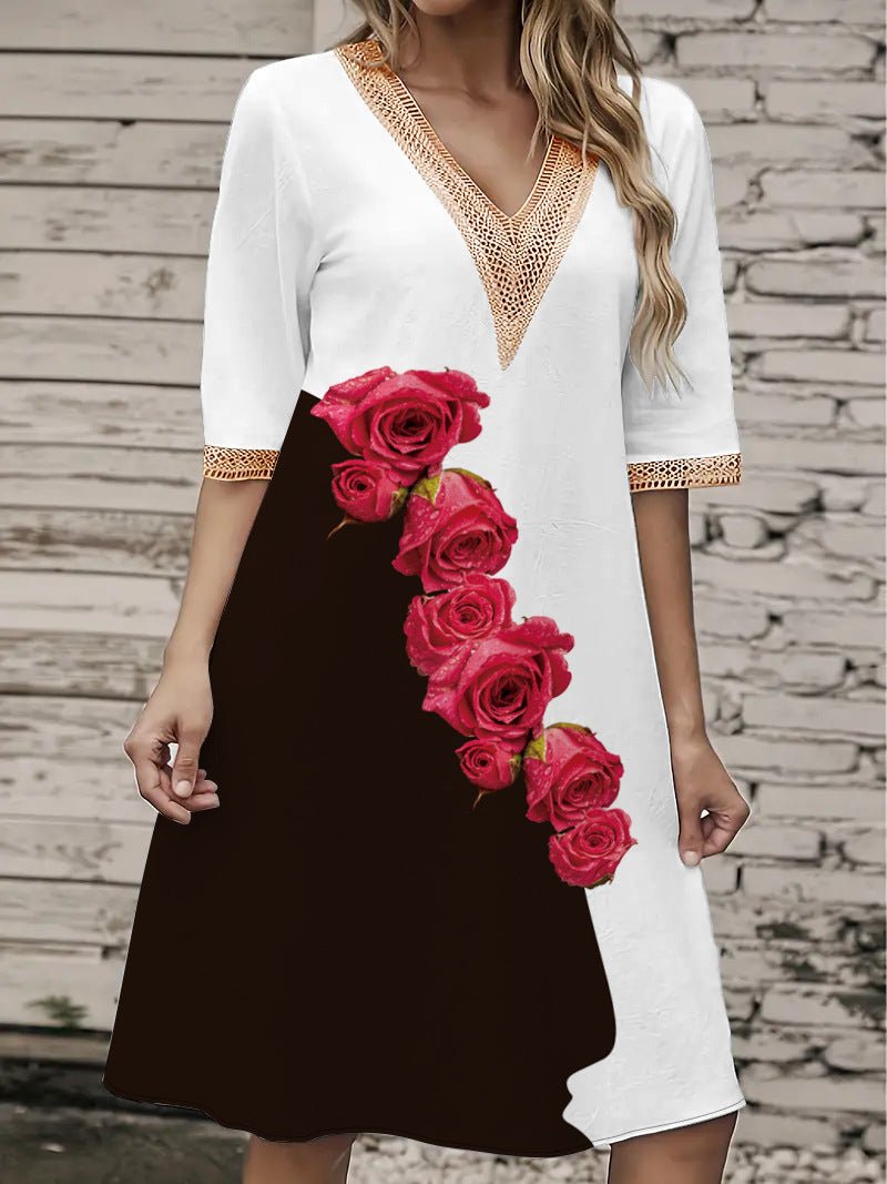 2025 Europe and the United States cross-border new spring and summer printed dress lace V-neck loose large swing short sleeve long dress - Cozy & Co. Market