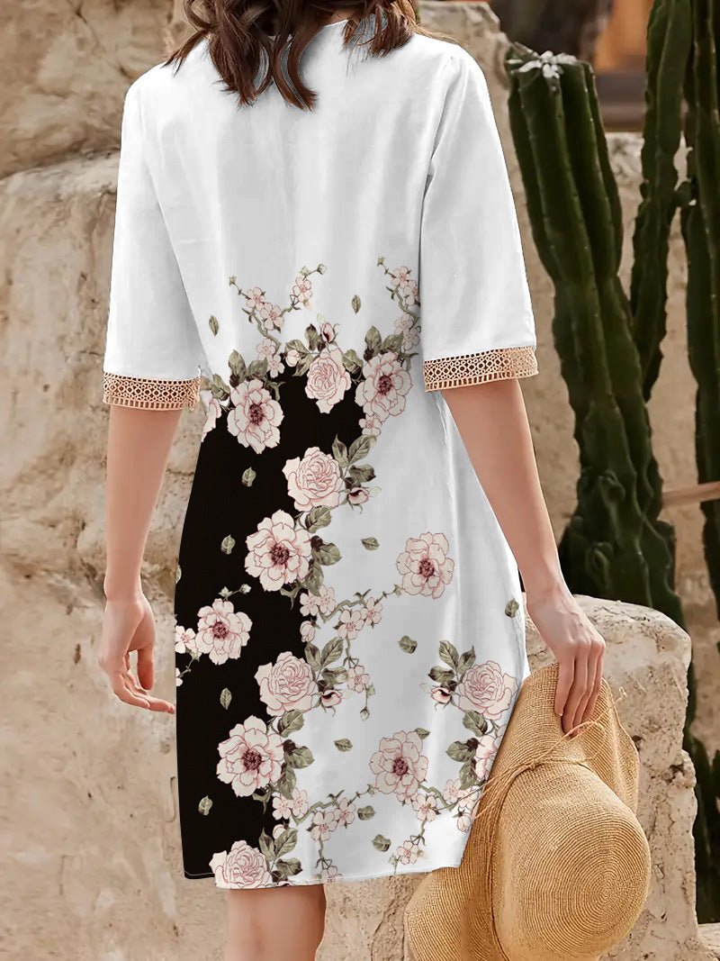 2025 Europe and the United States cross-border new spring and summer printed dress lace V-neck loose large swing short sleeve long dress - Cozy & Co. Market