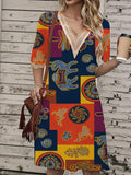2025 Europe and the United States cross-border new spring and summer printed dress lace V-neck loose large swing short sleeve long dress - Cozy & Co. Market