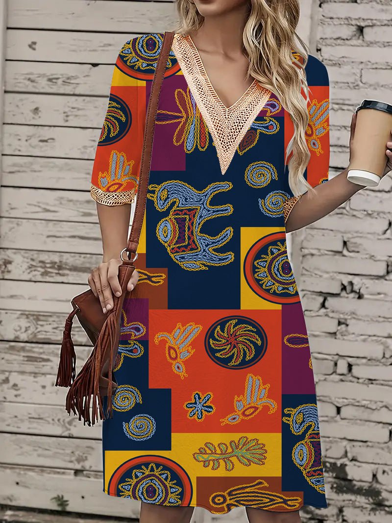 2025 Europe and the United States cross-border new spring and summer printed dress lace V-neck loose large swing short sleeve long dress - Cozy & Co. Market