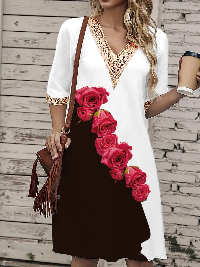 2025 Europe and the United States cross-border new spring and summer printed dress lace V-neck loose large swing short sleeve long dress - Cozy & Co. Market