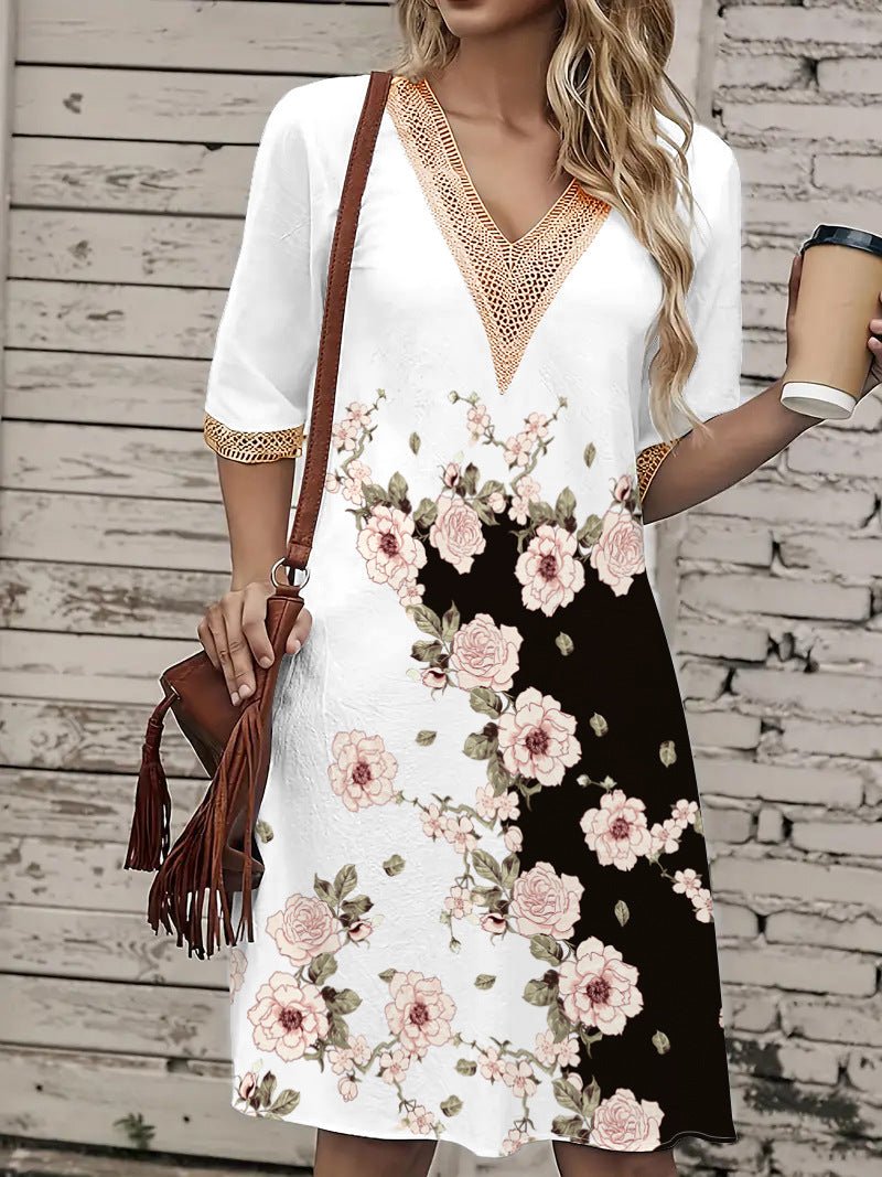 2025 Europe and the United States cross-border new spring and summer printed dress lace V-neck loose large swing short sleeve long dress - Cozy & Co. Market