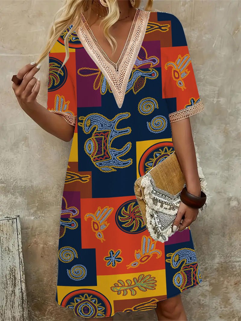 2025 Europe and the United States cross-border new spring and summer printed dress lace V-neck loose large swing short sleeve long dress - Cozy & Co. Market