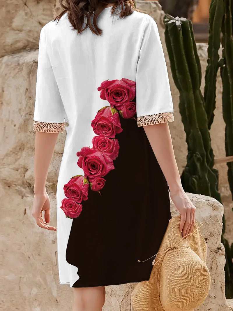 2025 Europe and the United States cross-border new spring and summer printed dress lace V-neck loose large swing short sleeve long dress - Cozy & Co. Market