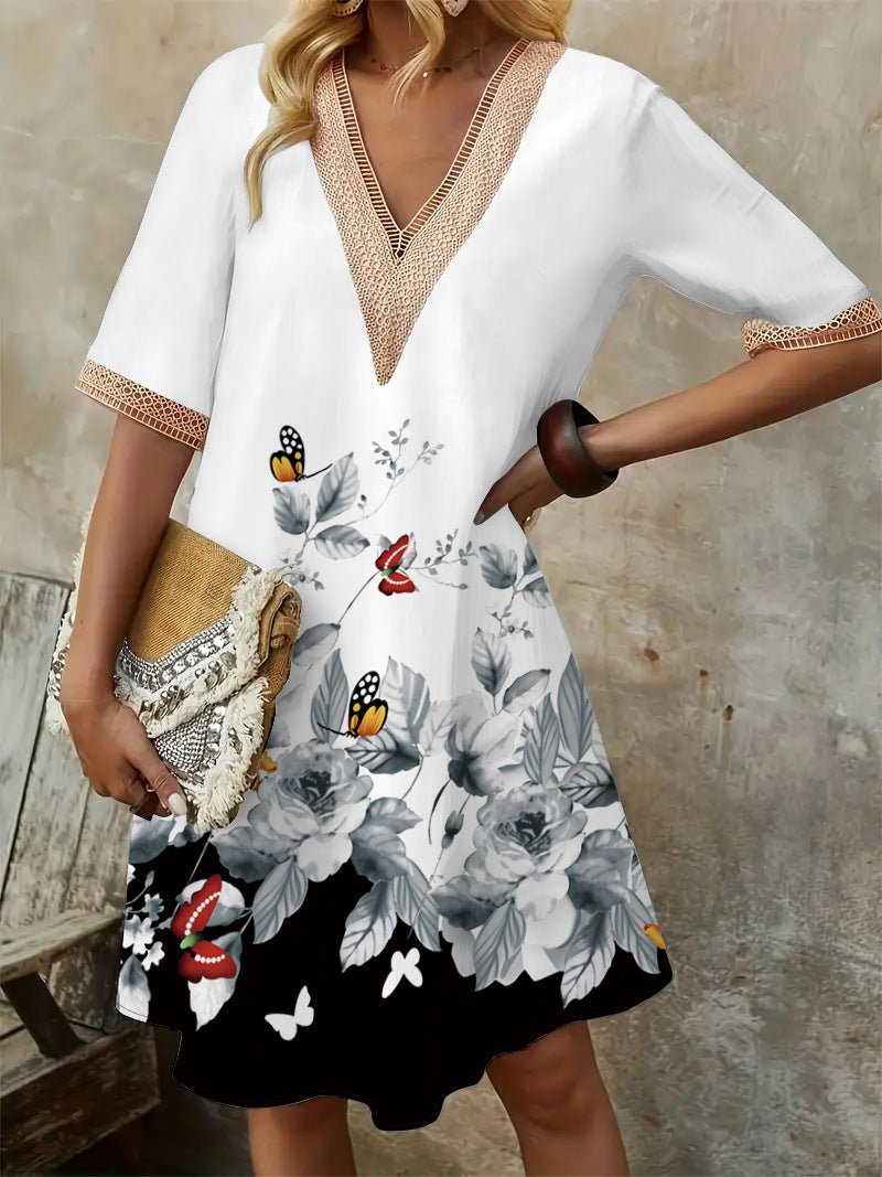 2025 Europe and the United States cross-border new spring and summer printed dress lace V-neck loose large swing short sleeve long dress - Cozy & Co. Market