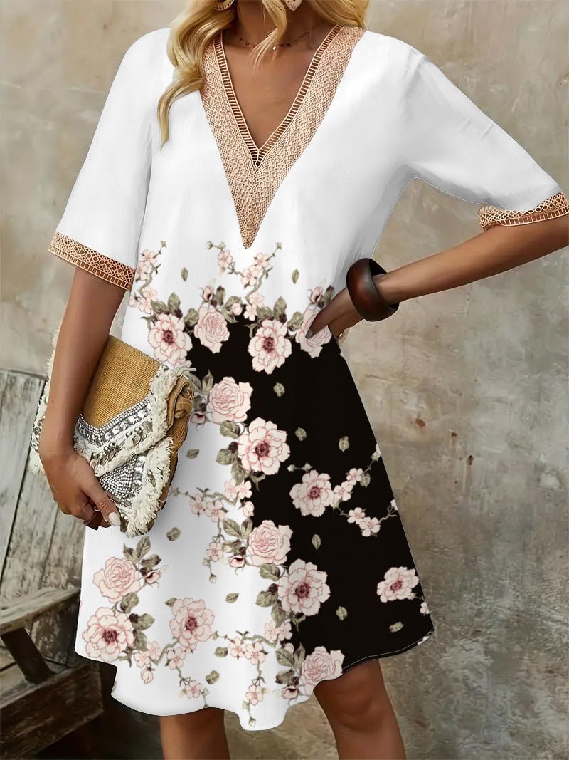 2025 Europe and the United States cross-border new spring and summer printed dress lace V-neck loose large swing short sleeve long dress - Cozy & Co. Market