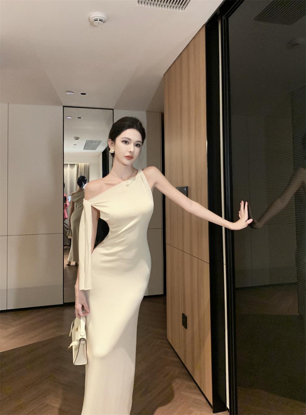 2025 New Socialite Fashion Cross-Border Asymmetrical Sloping Shoulder Ribbon Sexy Off-Shoulder Hip Dress Long Skirt - Cozy & Co. Market