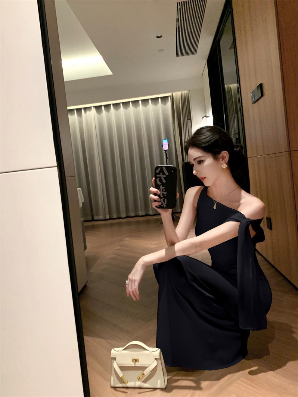2025 New Socialite Fashion Cross-Border Asymmetrical Sloping Shoulder Ribbon Sexy Off-Shoulder Hip Dress Long Skirt - Cozy & Co. Market