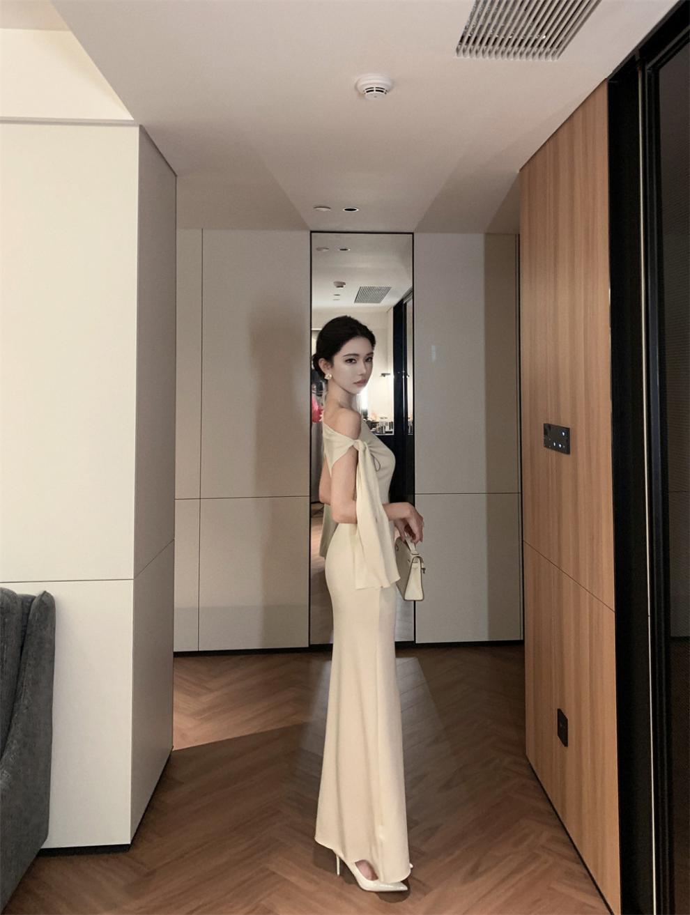2025 New Socialite Fashion Cross-Border Asymmetrical Sloping Shoulder Ribbon Sexy Off-Shoulder Hip Dress Long Skirt - Cozy & Co. Market
