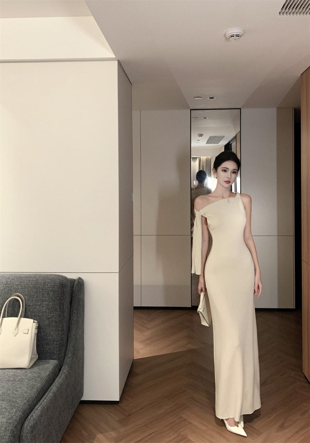 2025 New Socialite Fashion Cross-Border Asymmetrical Sloping Shoulder Ribbon Sexy Off-Shoulder Hip Dress Long Skirt - Cozy & Co. Market