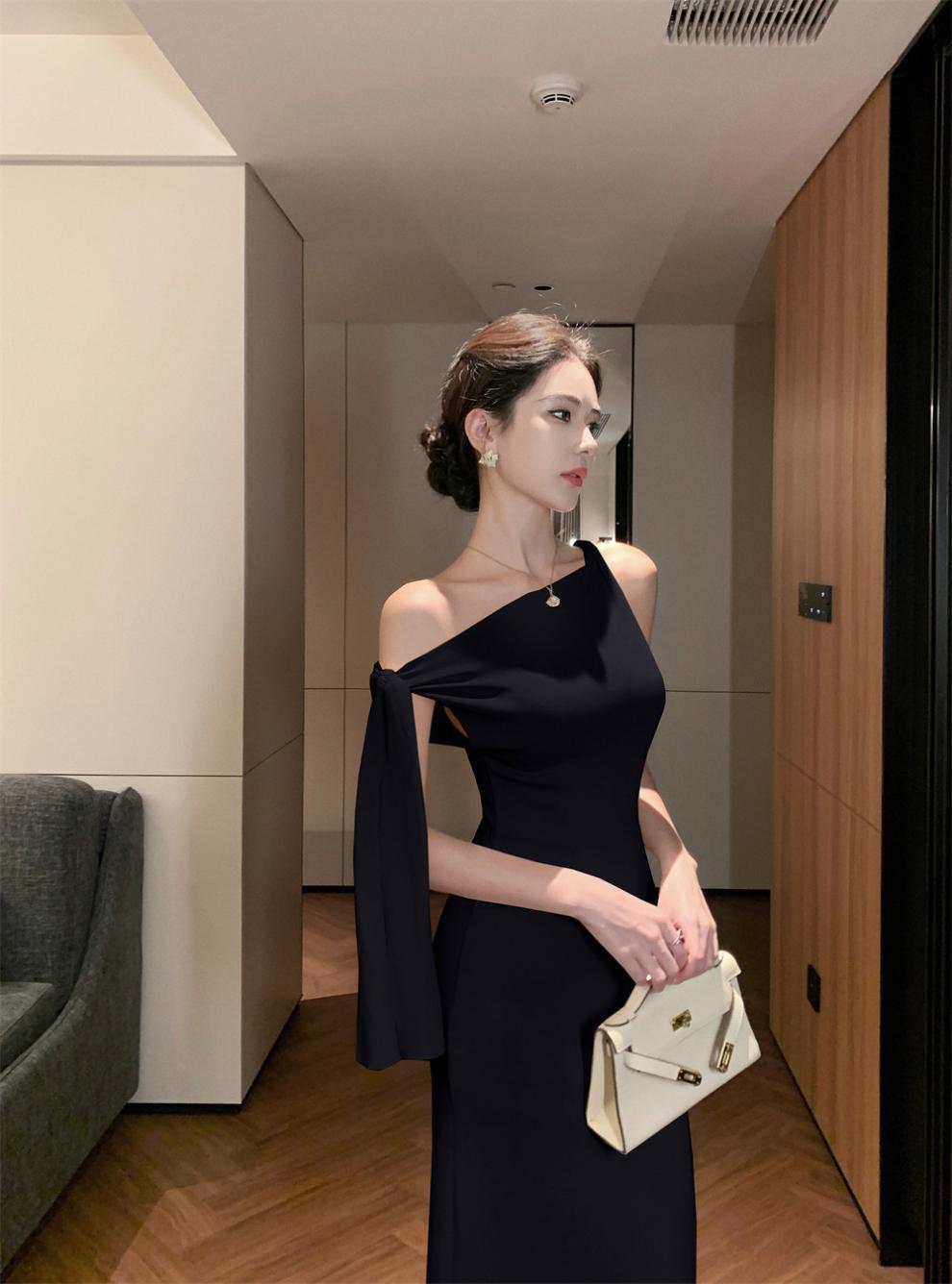 2025 New Socialite Fashion Cross-Border Asymmetrical Sloping Shoulder Ribbon Sexy Off-Shoulder Hip Dress Long Skirt - Cozy & Co. Market