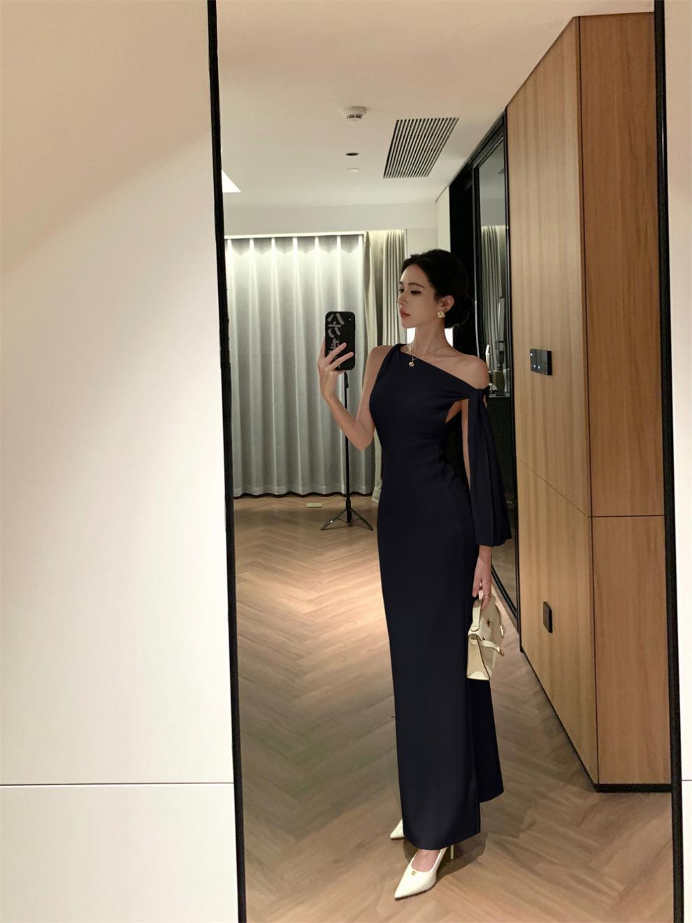 2025 New Socialite Fashion Cross-Border Asymmetrical Sloping Shoulder Ribbon Sexy Off-Shoulder Hip Dress Long Skirt - Cozy & Co. Market