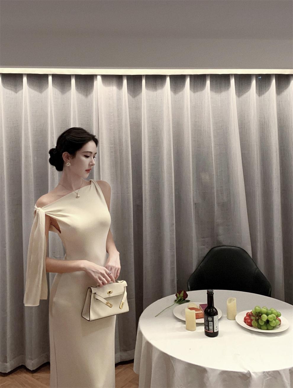 2025 New Socialite Fashion Cross-Border Asymmetrical Sloping Shoulder Ribbon Sexy Off-Shoulder Hip Dress Long Skirt - Cozy & Co. Market