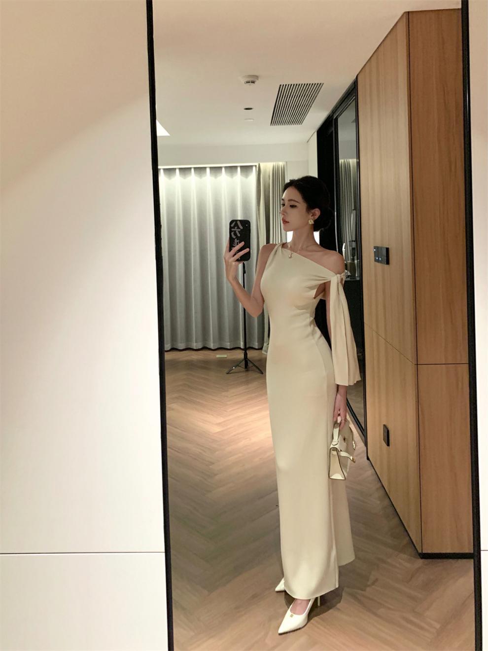 2025 New Socialite Fashion Cross-Border Asymmetrical Sloping Shoulder Ribbon Sexy Off-Shoulder Hip Dress Long Skirt - Cozy & Co. Market