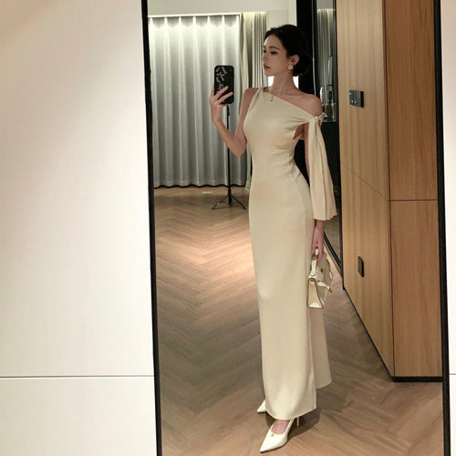 2025 New Socialite Fashion Cross-Border Asymmetrical Sloping Shoulder Ribbon Sexy Off-Shoulder Hip Dress Long Skirt - Cozy & Co. Market