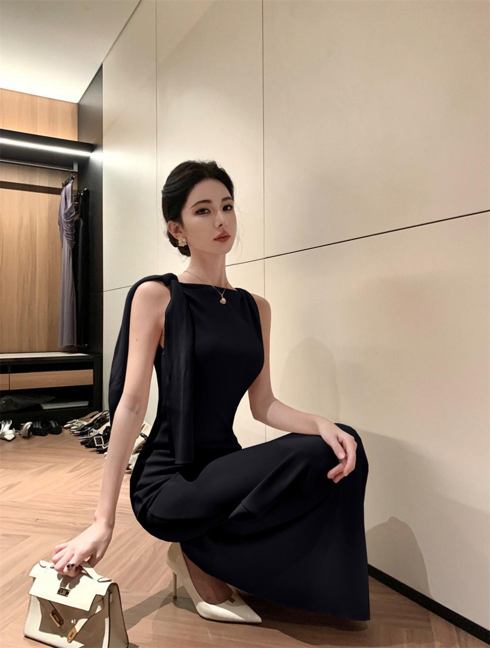 2025 New Socialite Fashion Cross-Border Asymmetrical Sloping Shoulder Ribbon Sexy Off-Shoulder Hip Dress Long Skirt - Cozy & Co. Market