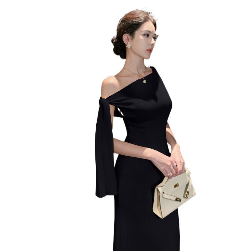 2025 New Socialite Fashion Cross-Border Asymmetrical Sloping Shoulder Ribbon Sexy Off-Shoulder Hip Dress Long Skirt - Cozy & Co. Market
