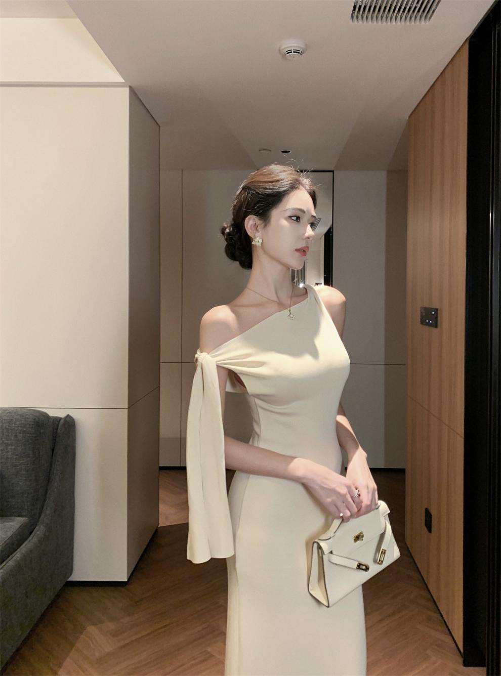 2025 New Socialite Fashion Cross-Border Asymmetrical Sloping Shoulder Ribbon Sexy Off-Shoulder Hip Dress Long Skirt - Cozy & Co. Market