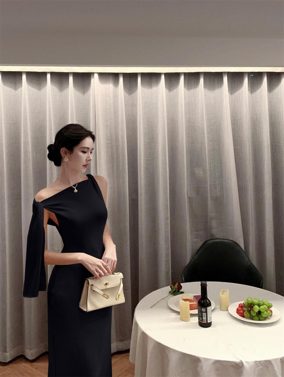 2025 New Socialite Fashion Cross-Border Asymmetrical Sloping Shoulder Ribbon Sexy Off-Shoulder Hip Dress Long Skirt - Cozy & Co. Market