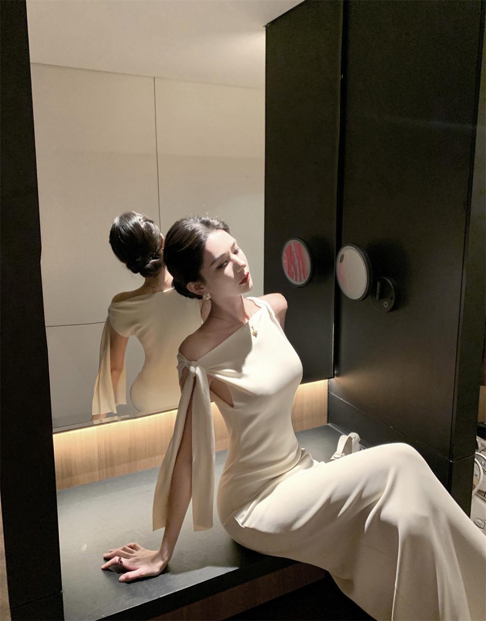 2025 New Socialite Fashion Cross-Border Asymmetrical Sloping Shoulder Ribbon Sexy Off-Shoulder Hip Dress Long Skirt - Cozy & Co. Market