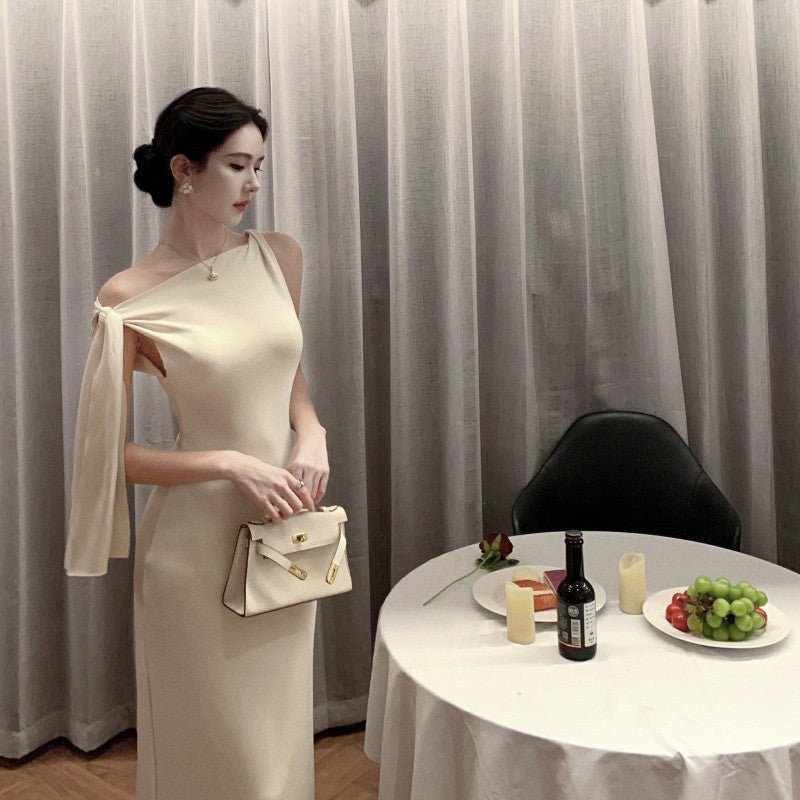 2025 New Socialite Fashion Cross-Border Asymmetrical Sloping Shoulder Ribbon Sexy Off-Shoulder Hip Dress Long Skirt - Cozy & Co. Market