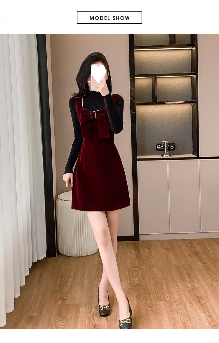 2025 Spring and Autumn New Bow French Velvet Sling dress Christmas New Year Red Fashion Dress Trendy - Cozy & Co. Market