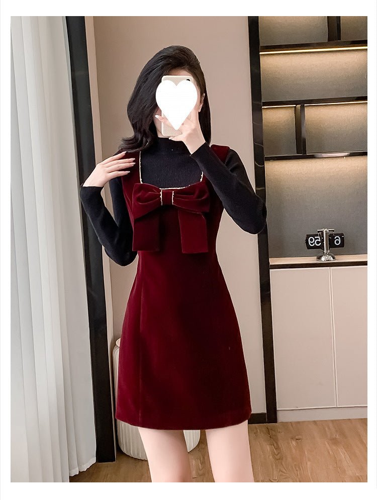 2025 Spring and Autumn New Bow French Velvet Sling dress Christmas New Year Red Fashion Dress Trendy - Cozy & Co. Market