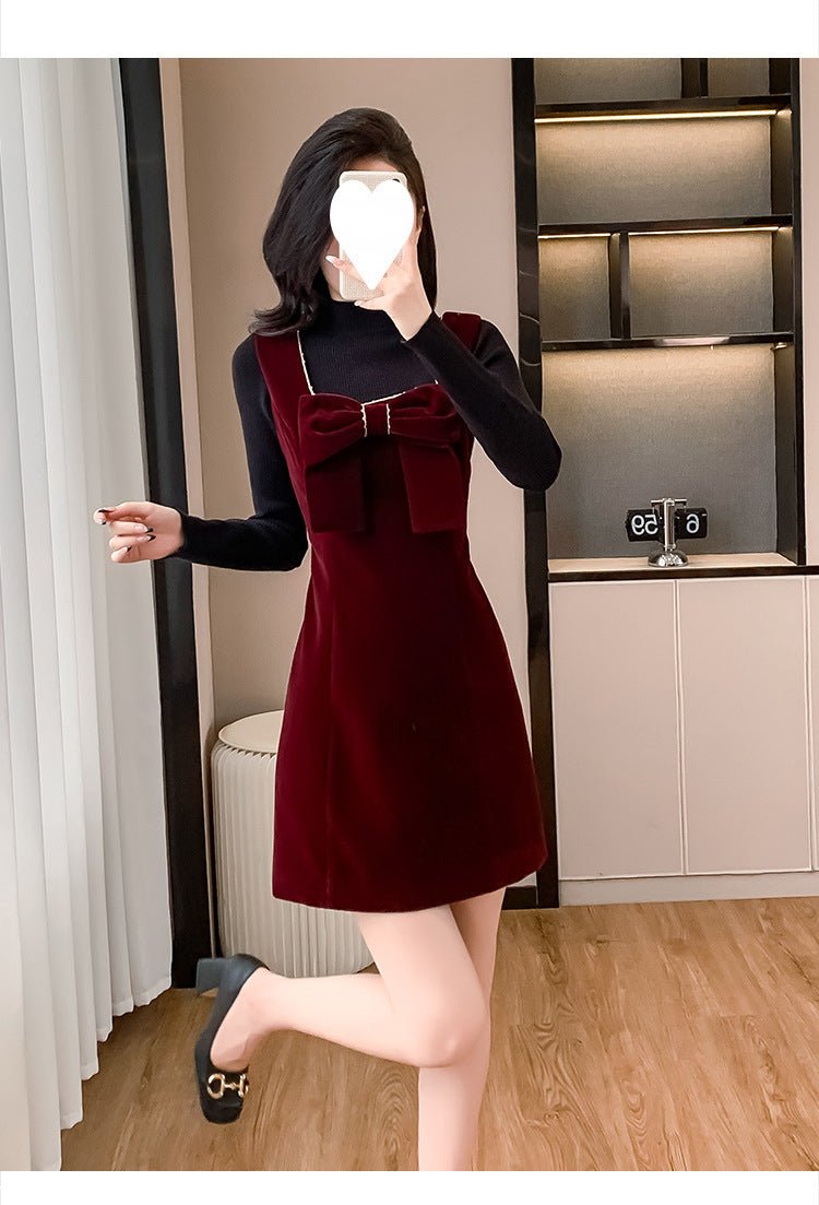 2025 Spring and Autumn New Bow French Velvet Sling dress Christmas New Year Red Fashion Dress Trendy - Cozy & Co. Market