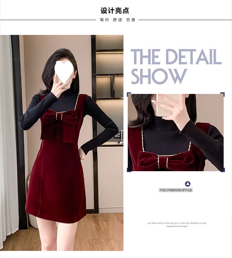 2025 Spring and Autumn New Bow French Velvet Sling dress Christmas New Year Red Fashion Dress Trendy - Cozy & Co. Market