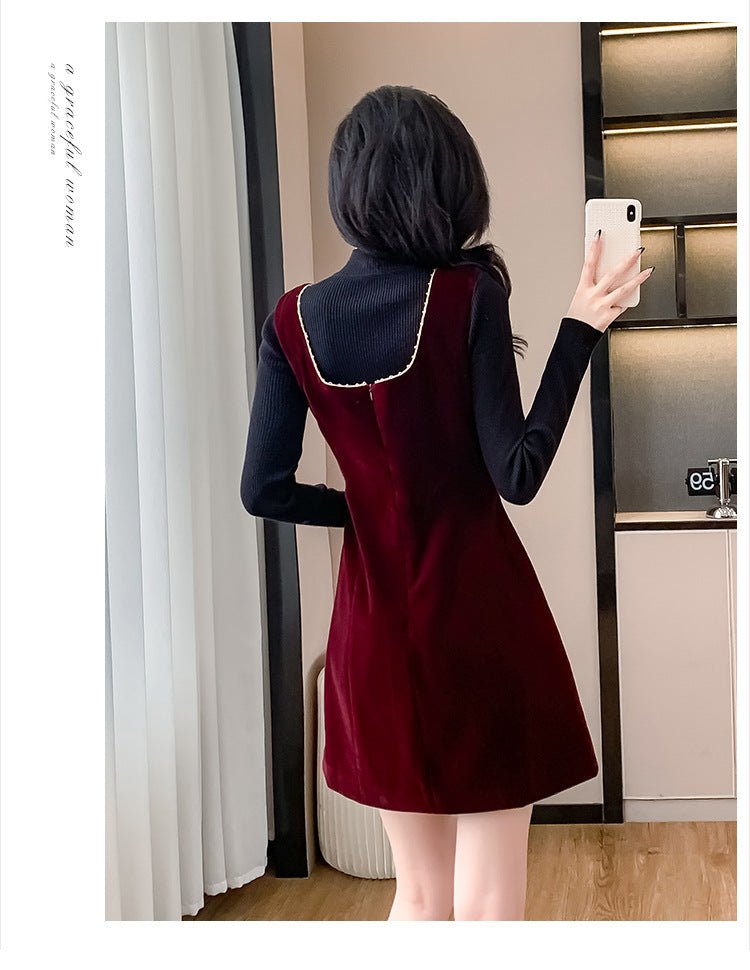 2025 Spring and Autumn New Bow French Velvet Sling dress Christmas New Year Red Fashion Dress Trendy - Cozy & Co. Market