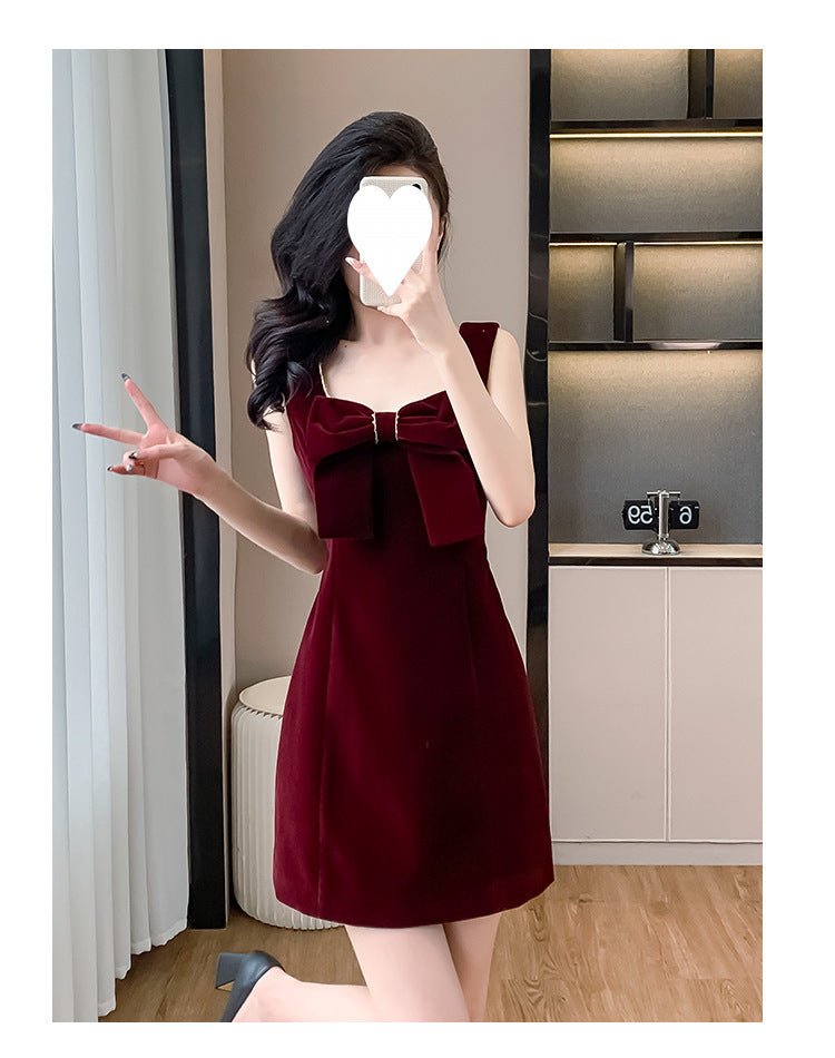 2025 Spring and Autumn New Bow French Velvet Sling dress Christmas New Year Red Fashion Dress Trendy - Cozy & Co. Market