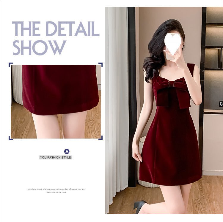 2025 Spring and Autumn New Bow French Velvet Sling dress Christmas New Year Red Fashion Dress Trendy - Cozy & Co. Market
