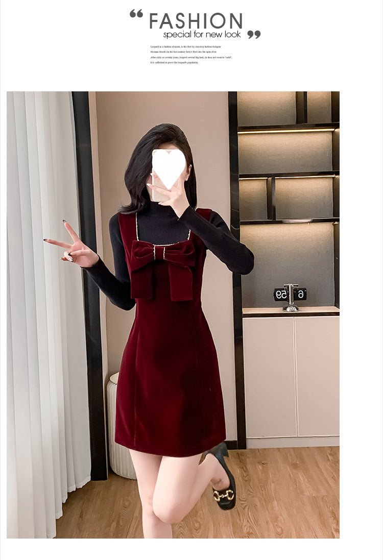 2025 Spring and Autumn New Bow French Velvet Sling dress Christmas New Year Red Fashion Dress Trendy - Cozy & Co. Market