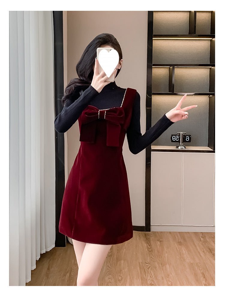 2025 Spring and Autumn New Bow French Velvet Sling dress Christmas New Year Red Fashion Dress Trendy - Cozy & Co. Market