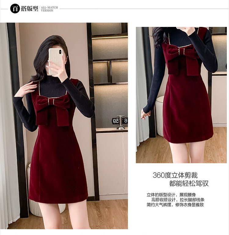 2025 Spring and Autumn New Bow French Velvet Sling dress Christmas New Year Red Fashion Dress Trendy - Cozy & Co. Market