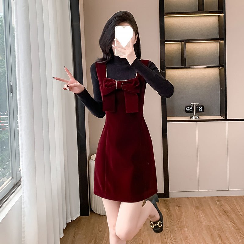 2025 Spring and Autumn New Bow French Velvet Sling dress Christmas New Year Red Fashion Dress Trendy - Cozy & Co. Market