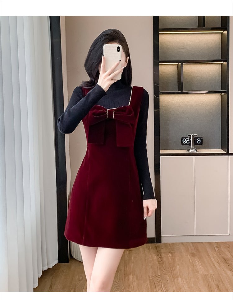 2025 Spring and Autumn New Bow French Velvet Sling dress Christmas New Year Red Fashion Dress Trendy - Cozy & Co. Market