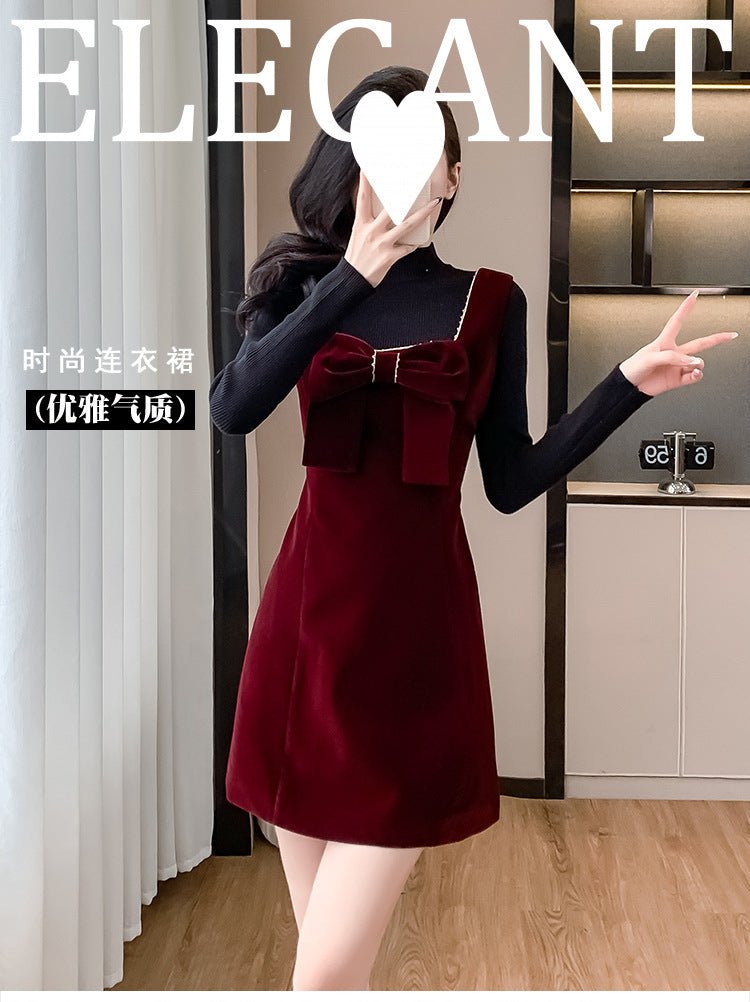 2025 Spring and Autumn New Bow French Velvet Sling dress Christmas New Year Red Fashion Dress Trendy - Cozy & Co. Market