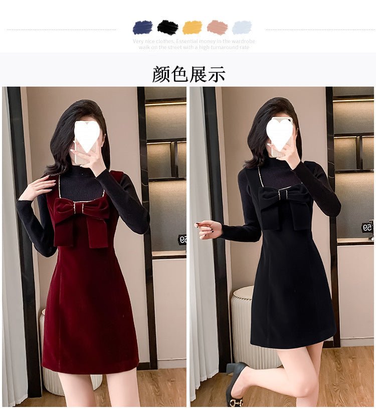 2025 Spring and Autumn New Bow French Velvet Sling dress Christmas New Year Red Fashion Dress Trendy - Cozy & Co. Market
