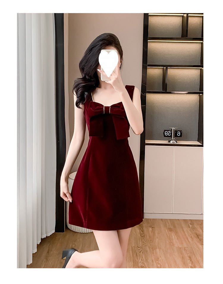 2025 Spring and Autumn New Bow French Velvet Sling dress Christmas New Year Red Fashion Dress Trendy - Cozy & Co. Market