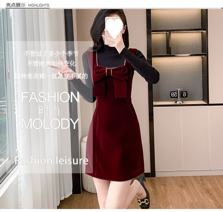 2025 Spring and Autumn New Bow French Velvet Sling dress Christmas New Year Red Fashion Dress Trendy - Cozy & Co. Market