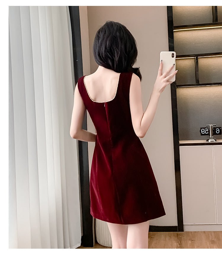 2025 Spring and Autumn New Bow French Velvet Sling dress Christmas New Year Red Fashion Dress Trendy - Cozy & Co. Market