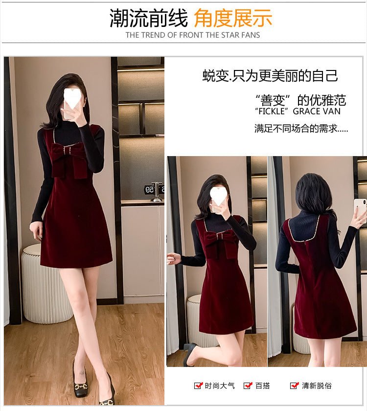 2025 Spring and Autumn New Bow French Velvet Sling dress Christmas New Year Red Fashion Dress Trendy - Cozy & Co. Market